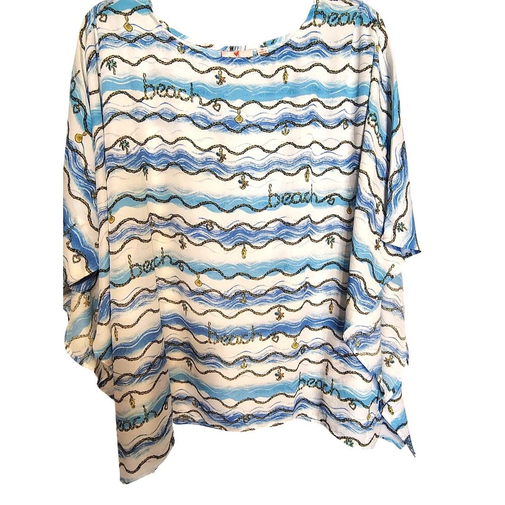 Quacker Factory 1X Beach Poncho, Sheer, Nautical Rope, Seashells Seahorses Ocean